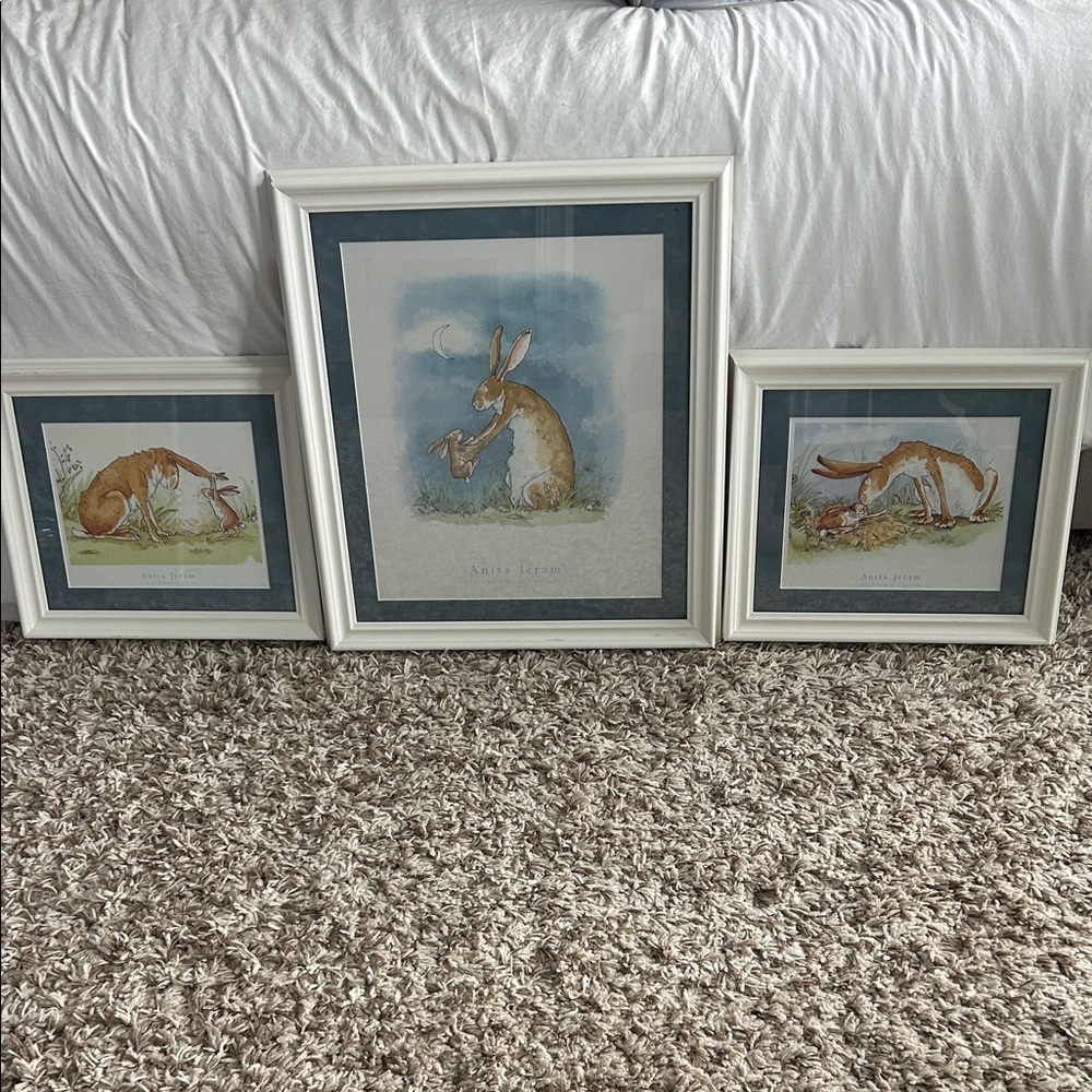 Set of 3 Framed Rabbit Wall Art Prints in Blue and White